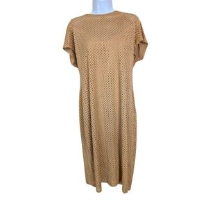 Bisou Bisou Tan Laser Cut Short Sleeve Midi Dress Back Zip Size 16